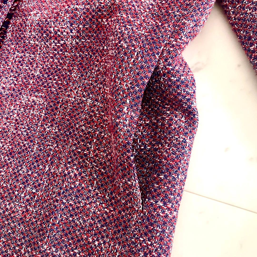 極美品 セオリー ノーカラーMIXカラーツイードコート レッド×ネイビー