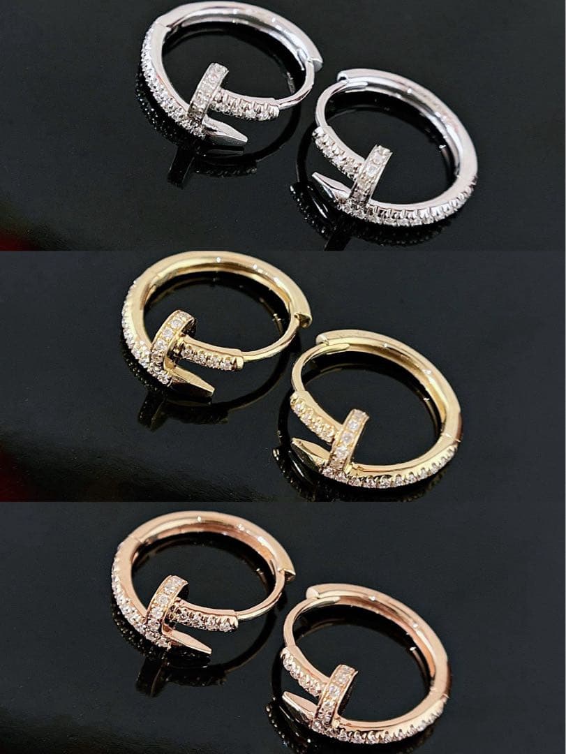 K18YG PG WG 天然ダイヤモンド　釘モチーフ　フープピアス　18金 フープピアス ピアス パヴェ ダイヤモンド K18YG 18k 18金 ゴールド