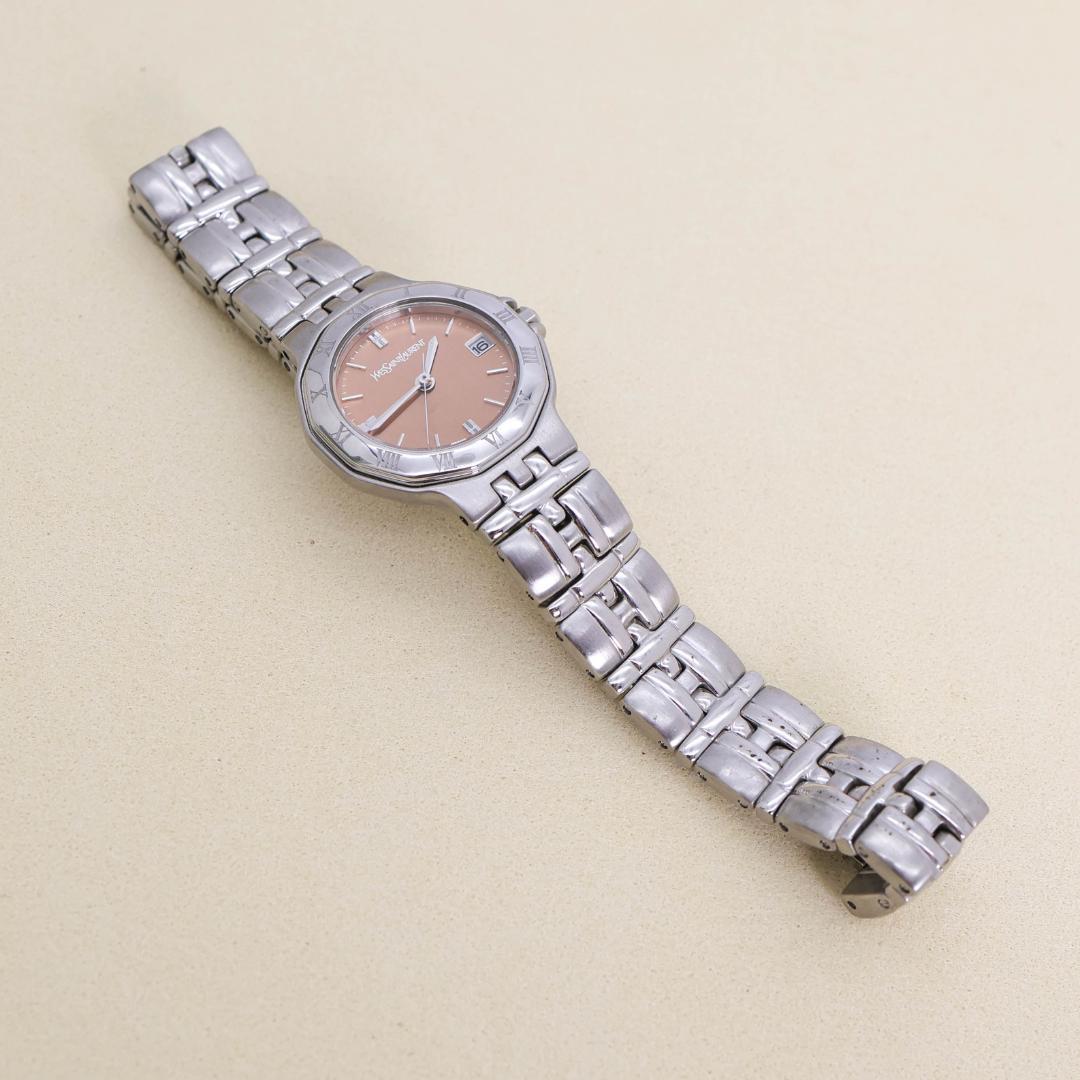 稼働 イヴサンローラン 腕時計 ローマン デイト ピンク レディース