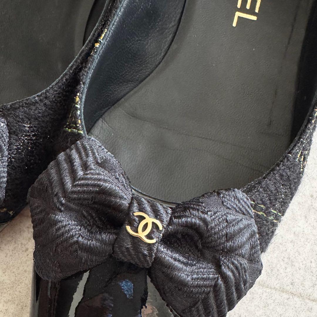 シャネル パンプス ココマーク リボン ツイード 黒 エナメル切替 保存