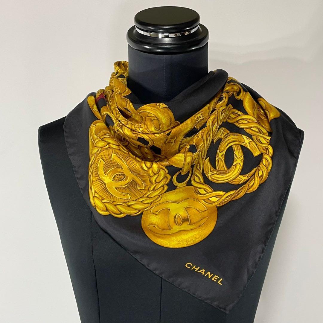 CHANEL シャネル イタリア製 ロゴ チェーン柄 大判 シルク スカーフ