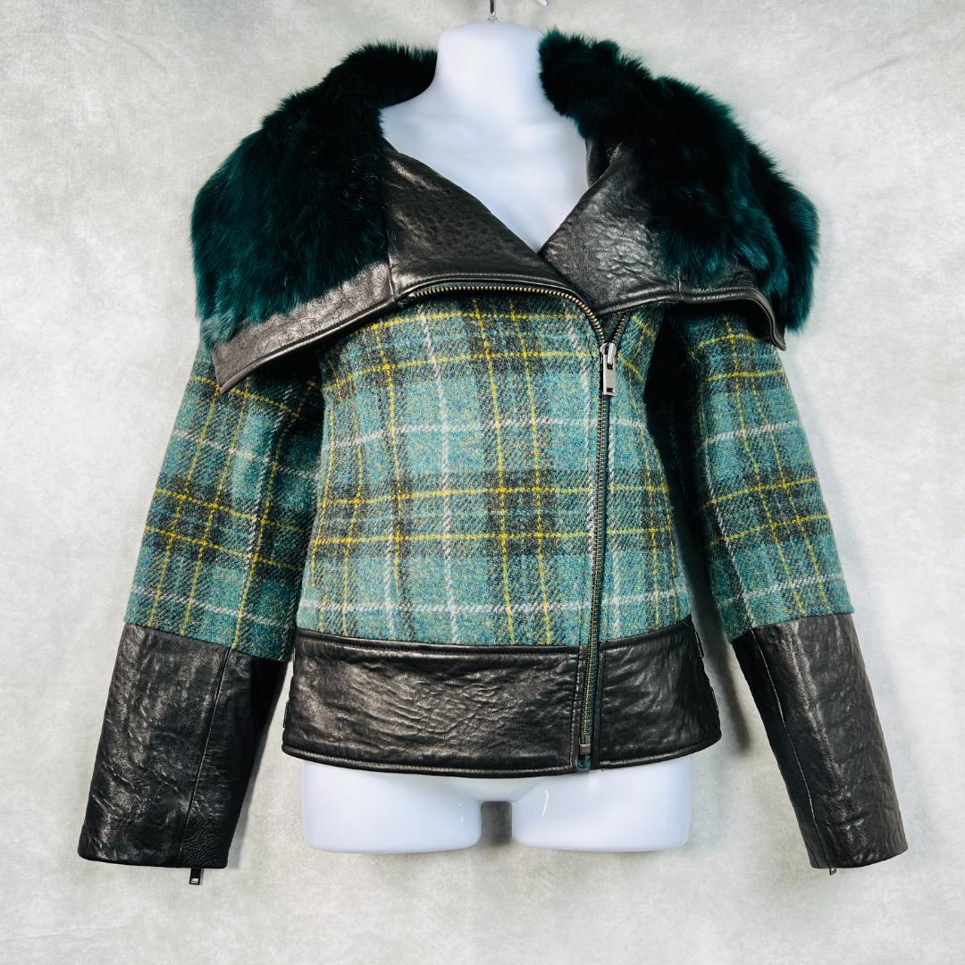 【ハリスツイード×バナナパブリック】ライダースジャケット　リアルファー　ラム革 Banana Republic（バナナリパブリック）の「レザー バイカージャケット