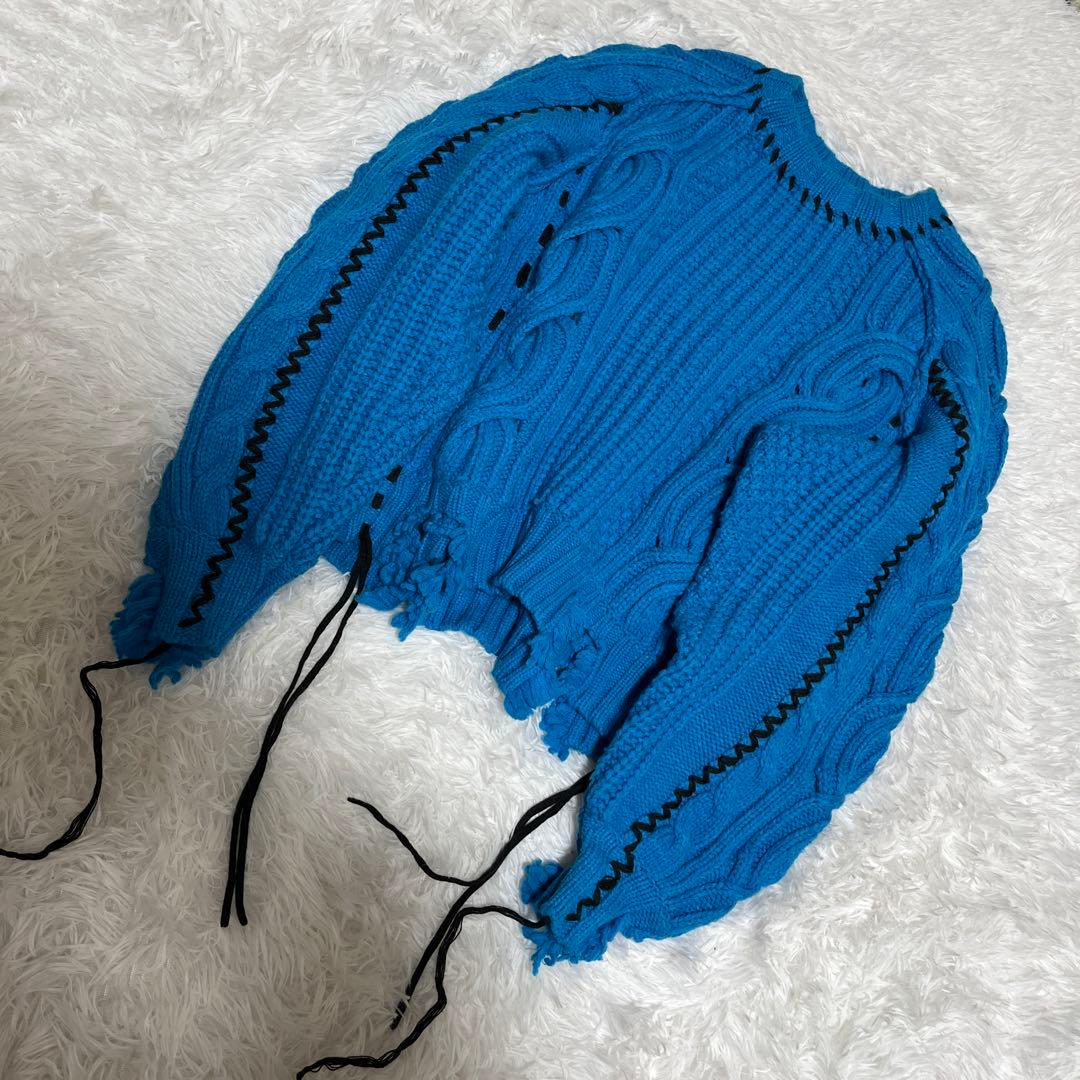 メゾンスペシャル ケーブルニット ハンドステッチ ブルー ダメージ