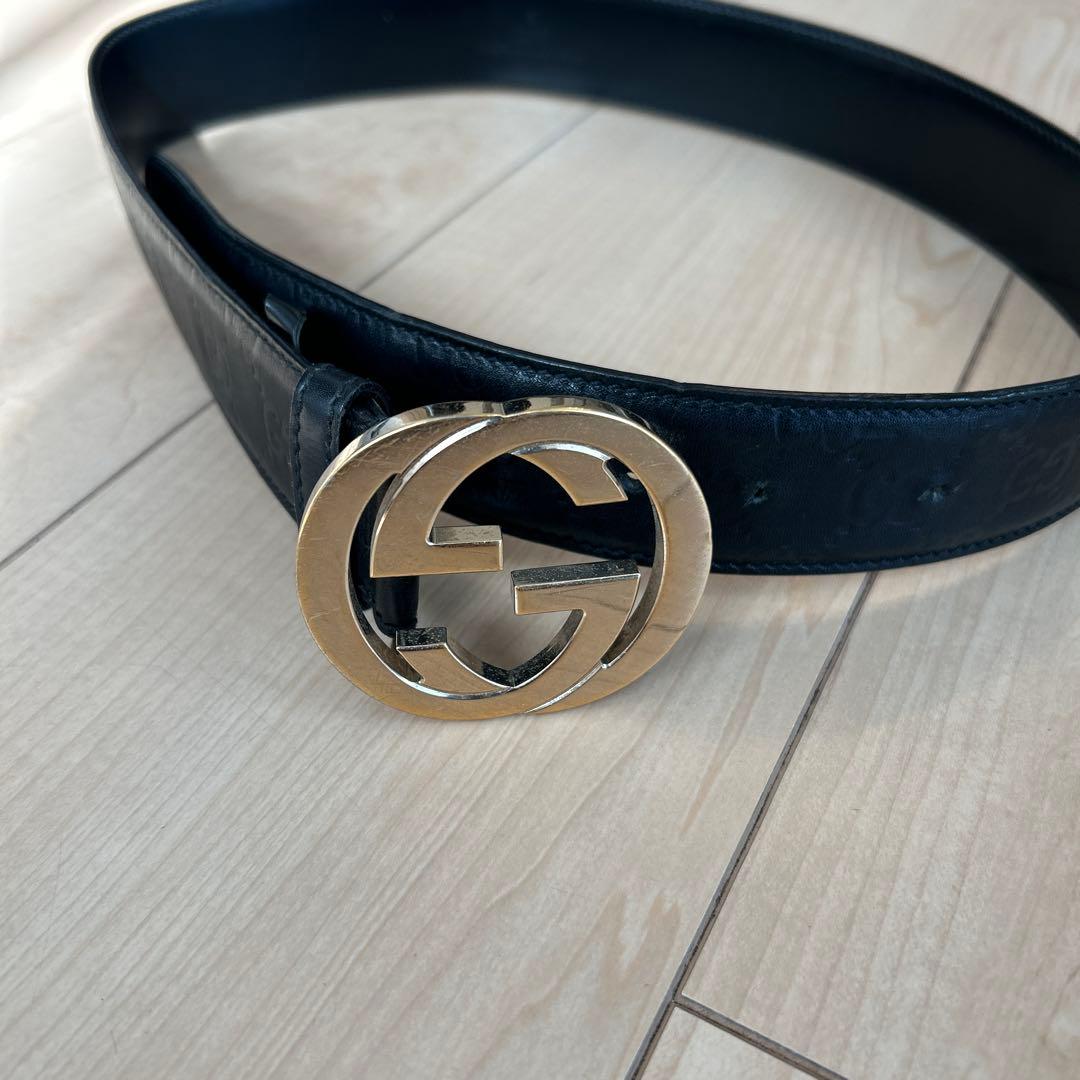 GUCCI 黒 レザー ベルト ダブルGロゴ ダブルG グッチ ベルト メンスベルト GGマーモント Gバックル ブラック
