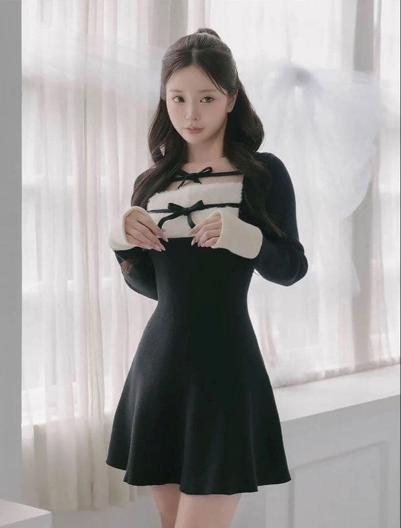 Darich リボンファーフレアニットミニワンピース - メルカリ