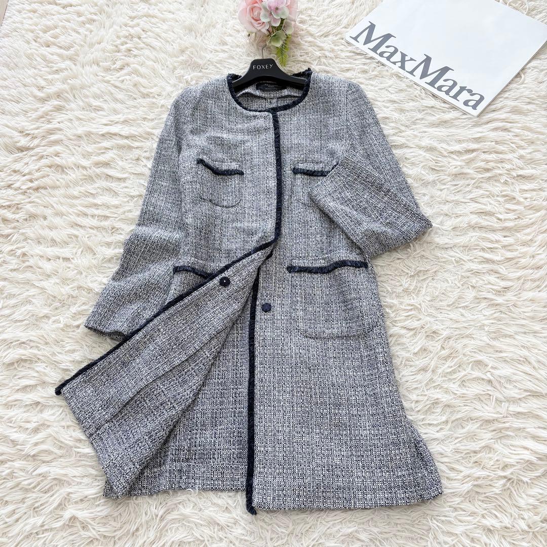 マックスマーラ 大きいサイズ ノーカラーツイードロングジャケット 42