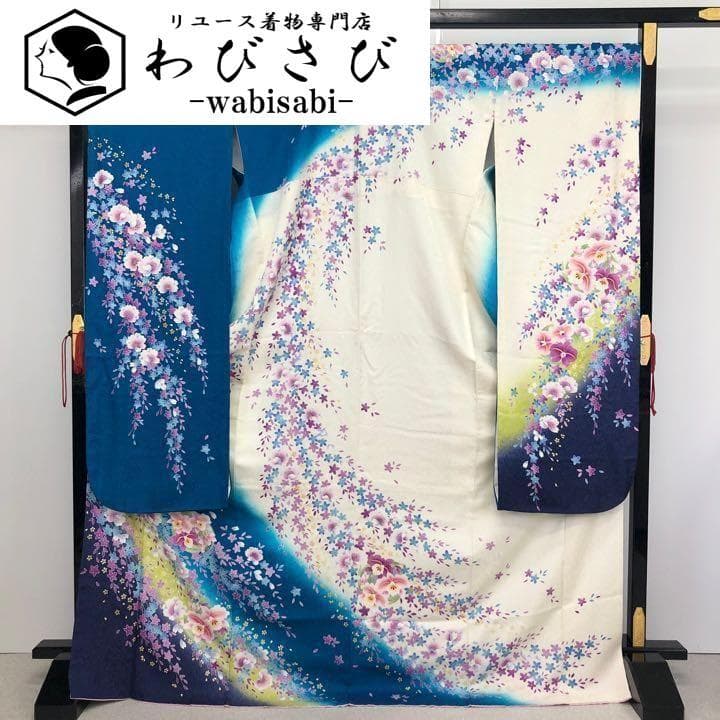 振袖 長襦袢セット 美しい花々 刺繍 銀通し 孔雀青色 ガード加工 K