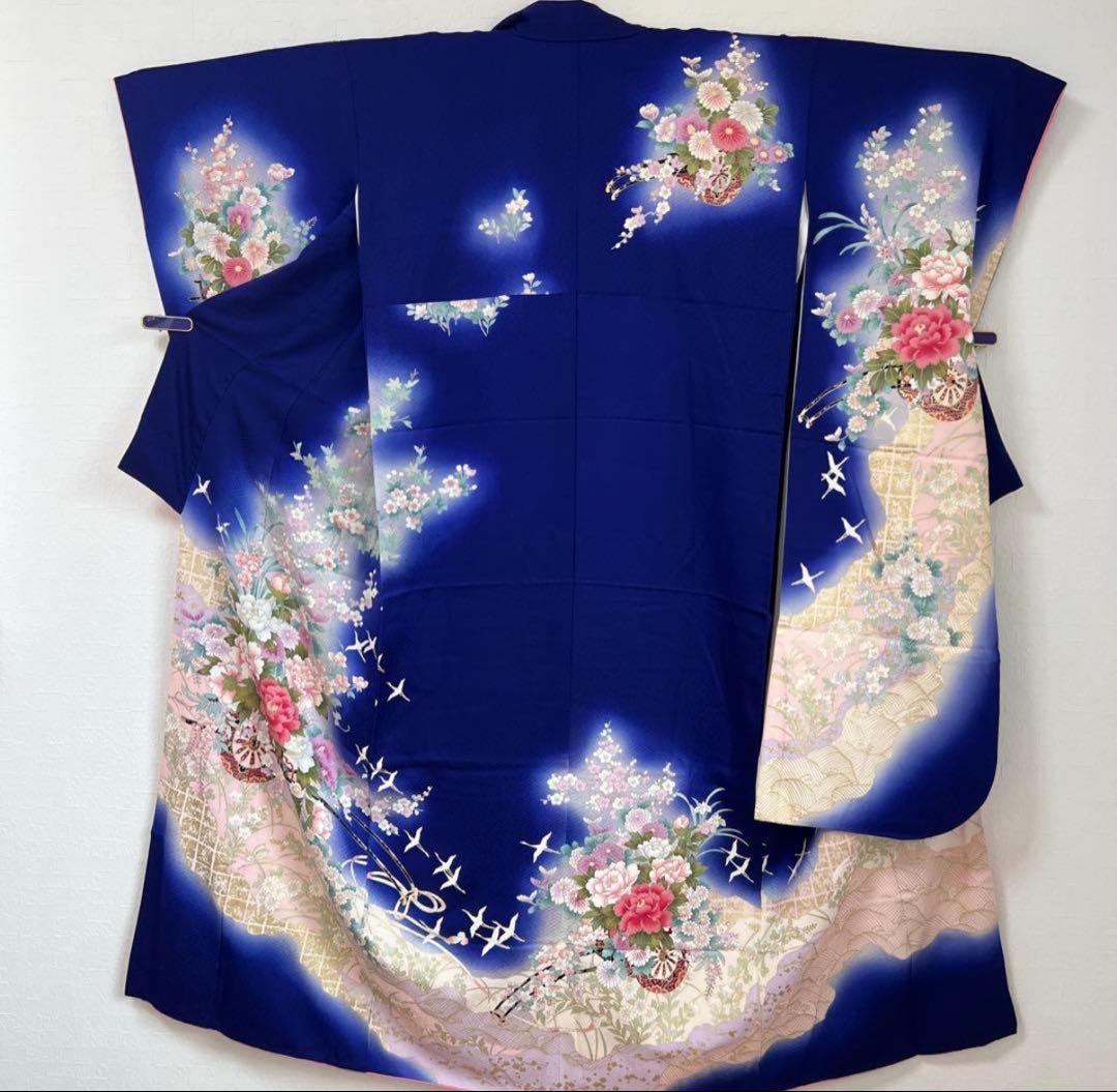 467 振袖フルセット 正絹 濃青 ブルー やまと誂え 金彩 暈し染め