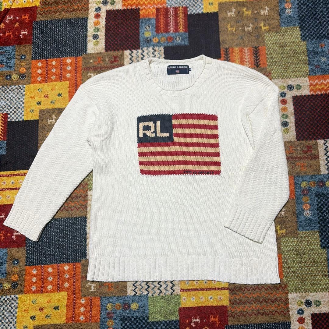 90s RALPH LAUREN POLO SPORT 米国旗 ニット 白 M - メルカリ