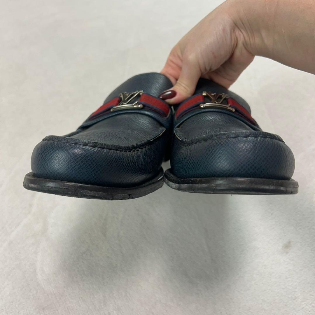 K640 27.0cm ルイヴィトン ロゴ金具 ローファー ネイビー メンズ