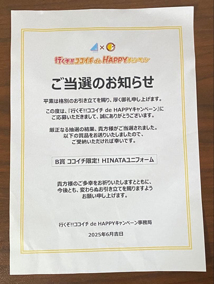 驚*屋様 B賞　ココイチ限定！　HINATAユニフォーム　推しのグッズ付き