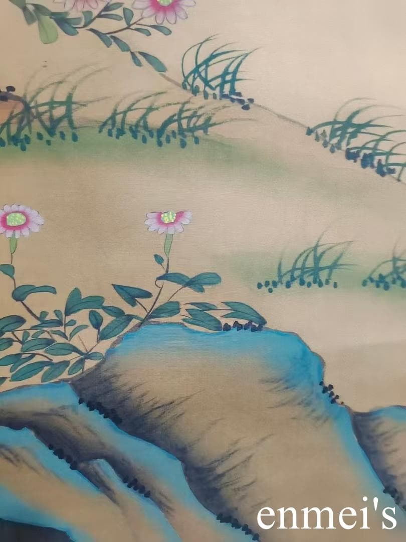 中国古美術・純手描き花鳥掛軸・水彩画・蒋延錫印款・書道品・絹本