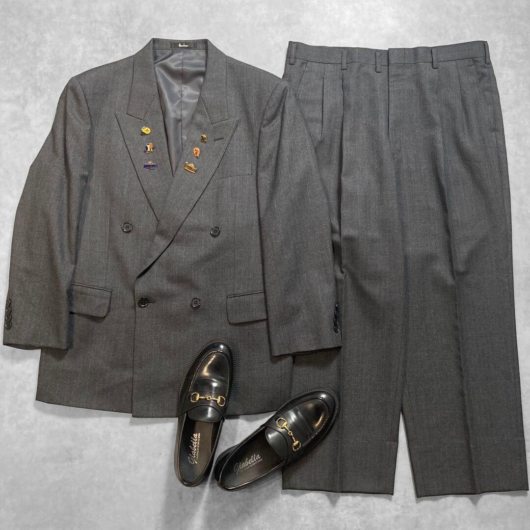 90s 阪急百貨店 vintage ダブル ピンズ スーツ セットアップ M 灰