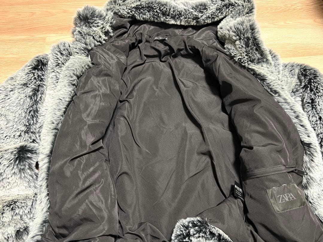 ZARA フェイクファー フーディジャケット グレーグリーン XLサイズ