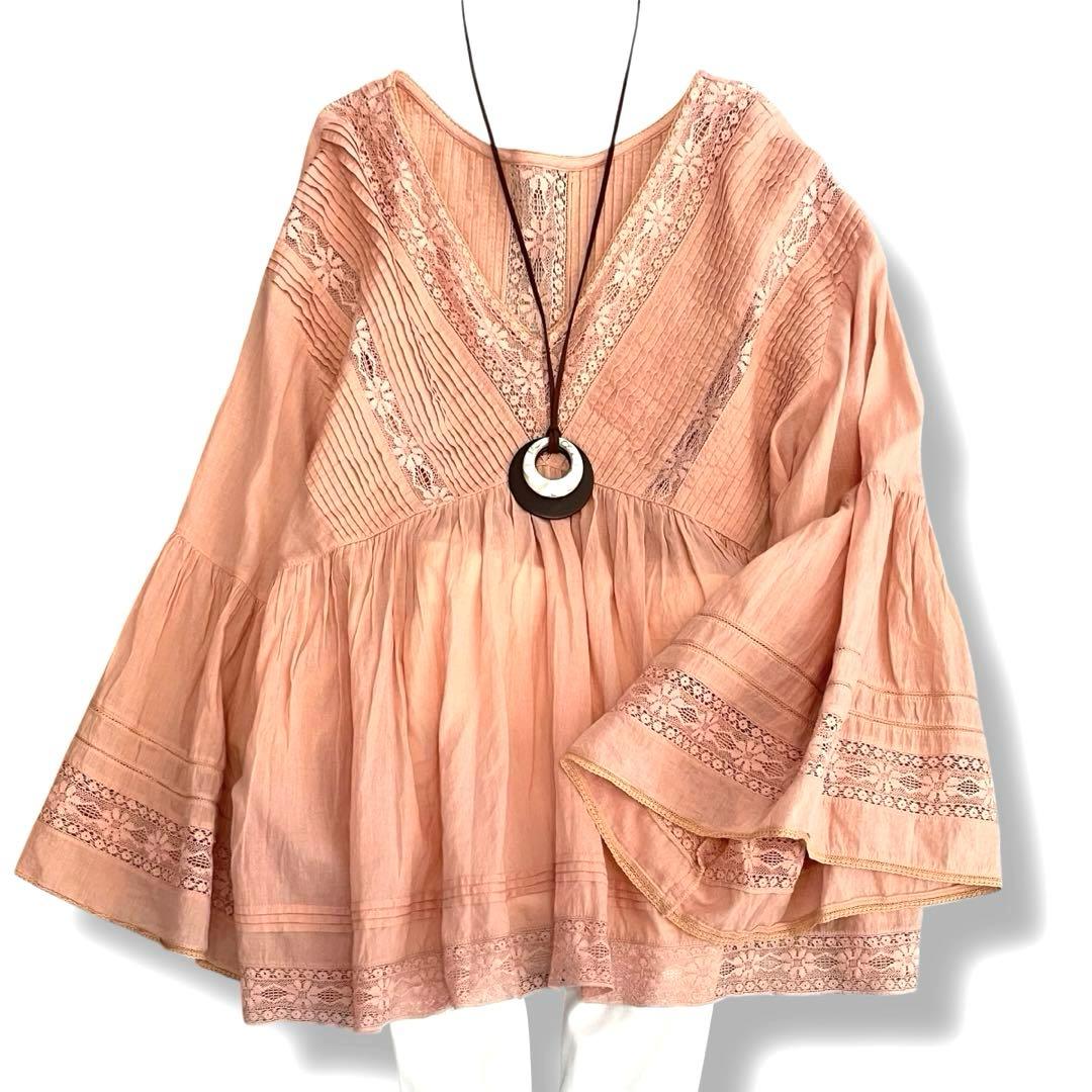 美品✨ヌキテパ コットンレースボイル 2WAYブラウス サーモンピンク Cotton Pintuck Lace Blouse | Pasand by ne Quittez pas | パサン