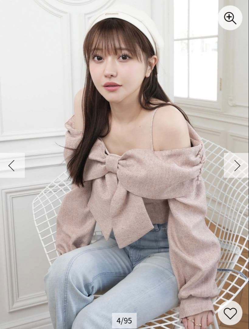 リップサービス　リボントップス　ピンク リップサービス LIP SERVICE ツイードリボンオフショルトップス