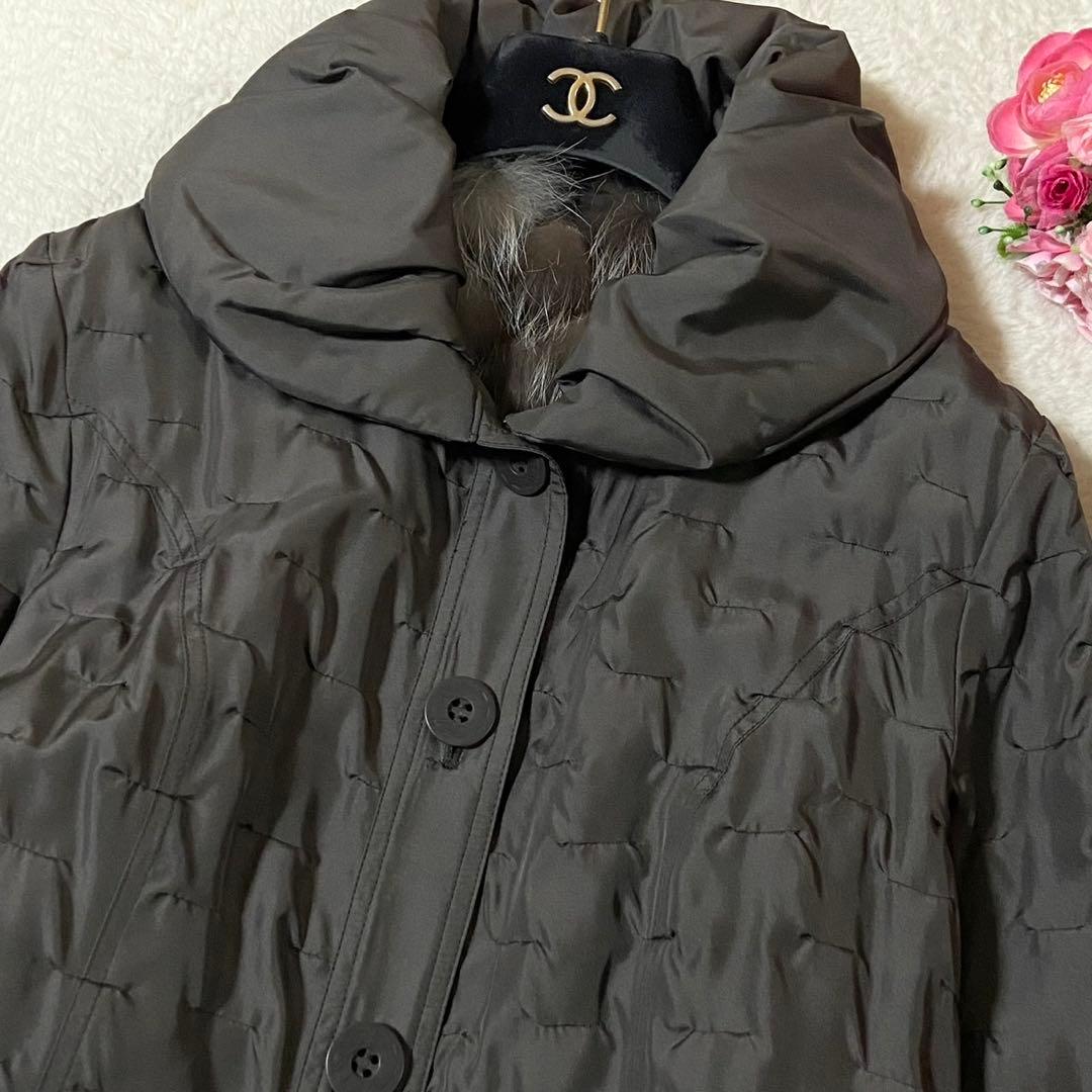 シルク100%】ロングコート 毛皮 フォックスファー グレー Lサイズ