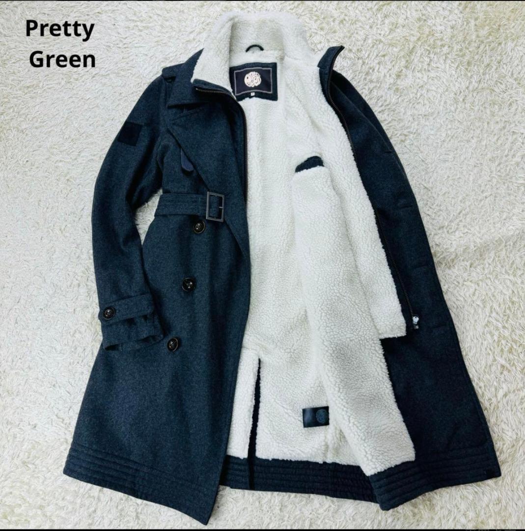 Pretty Green ロングコート 裏ボア トレンチ ダブル ベルト XL Pretty Green ロングコート トレンチ ダブル ベルト 裏ボア XL