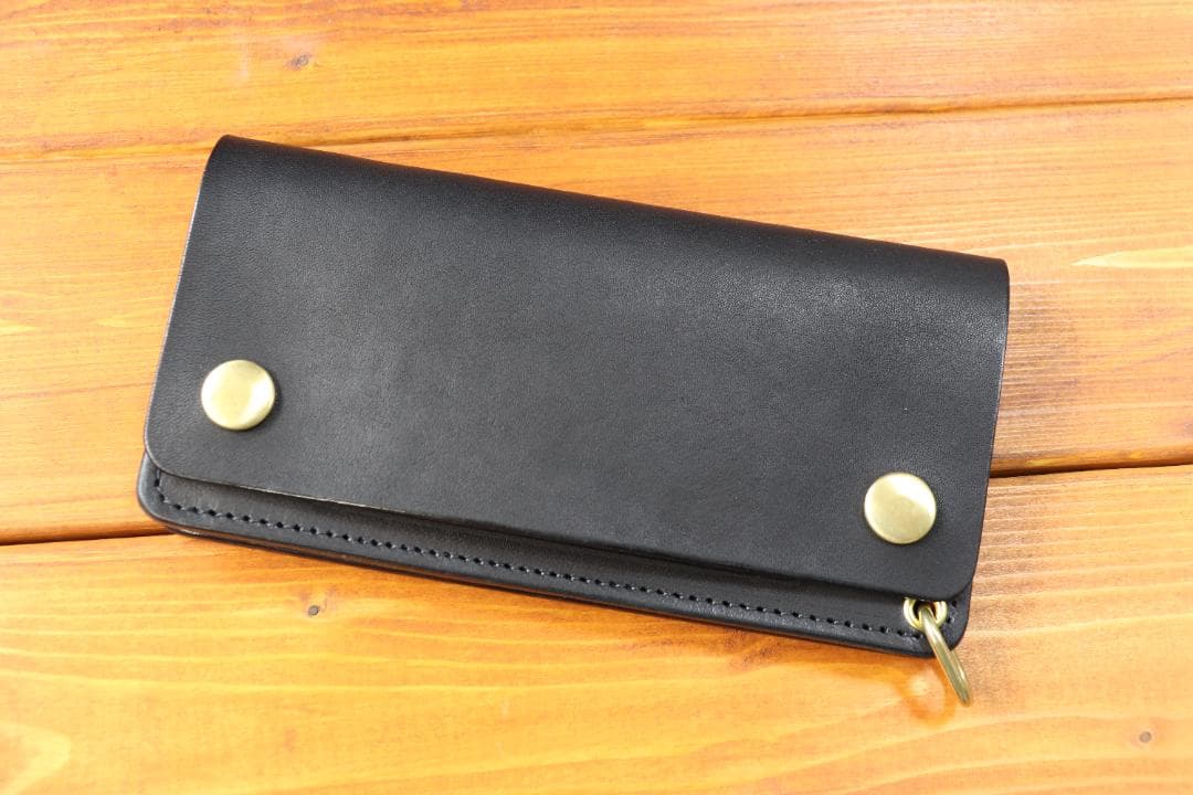 ロングトラッカーウォレット　真鍮　黒革　黒糸　栃木レザー bagushokuninkoubou_1086