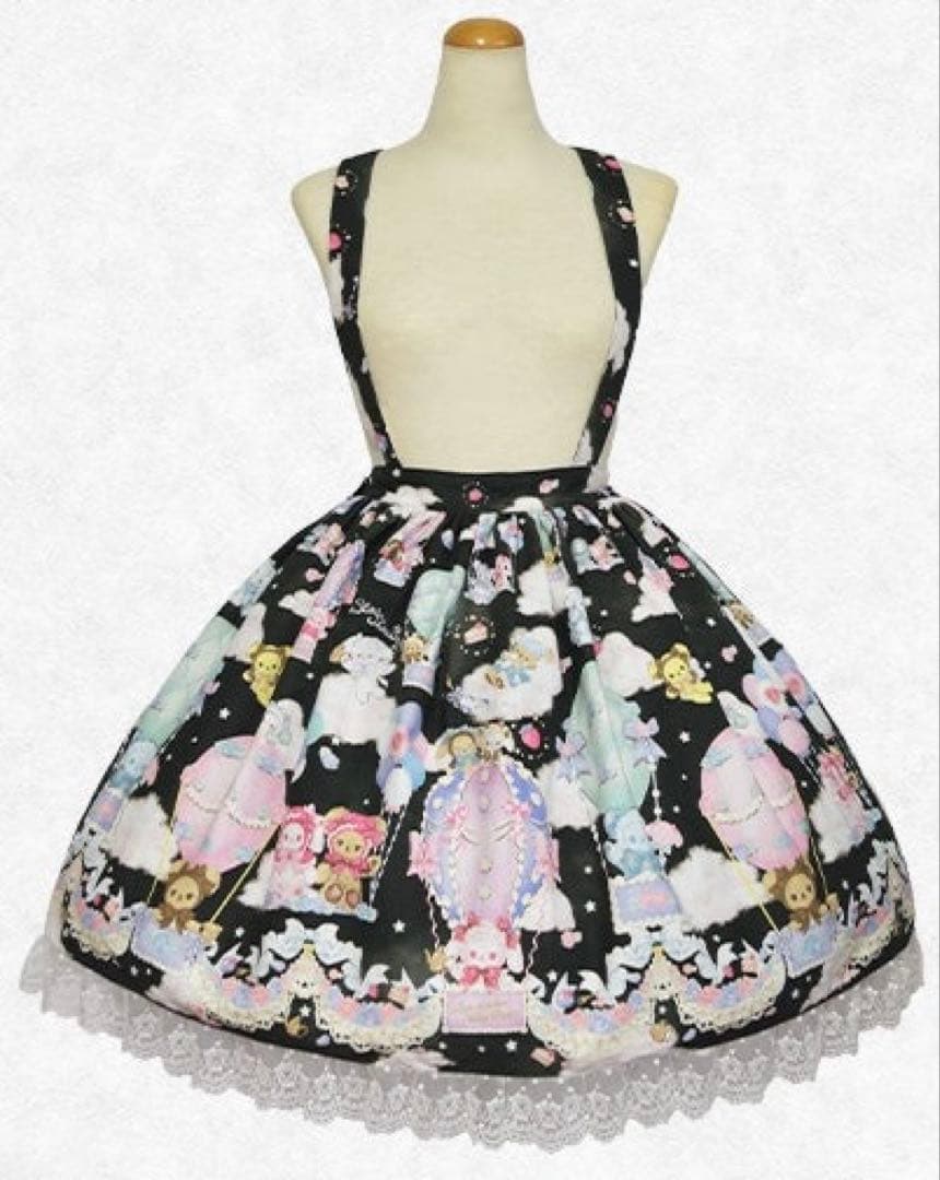 くみゃちゃんのふわふわお空でTea Party柄スカート　黒 くみゃちゃんのふわふわお空でTea PARTY柄ワンピース＆くみゃみみ