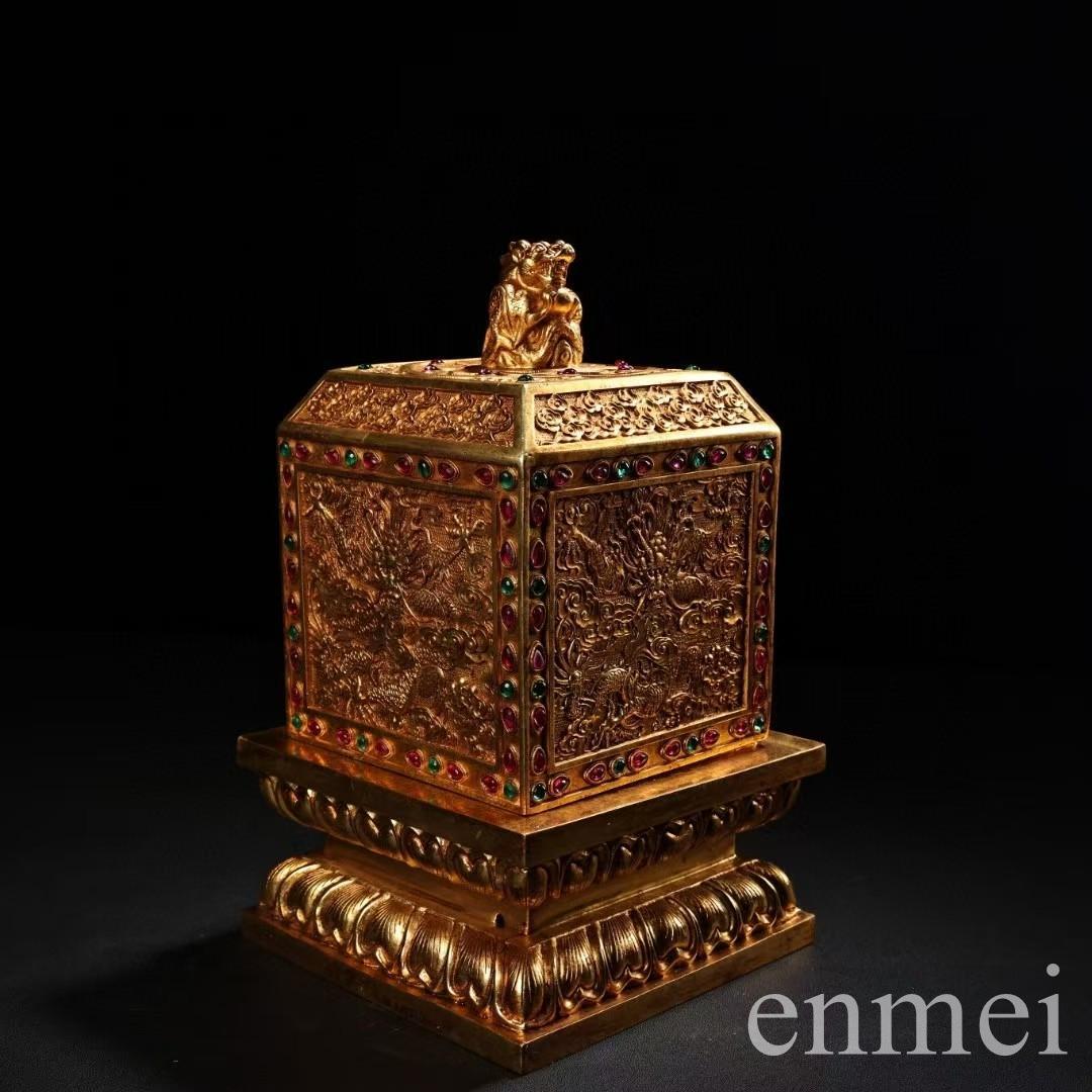 中国古美術・旧蔵鏨刻鎏金の龍印鑑玉璽・純銅製・高浮彫・置物・書道具