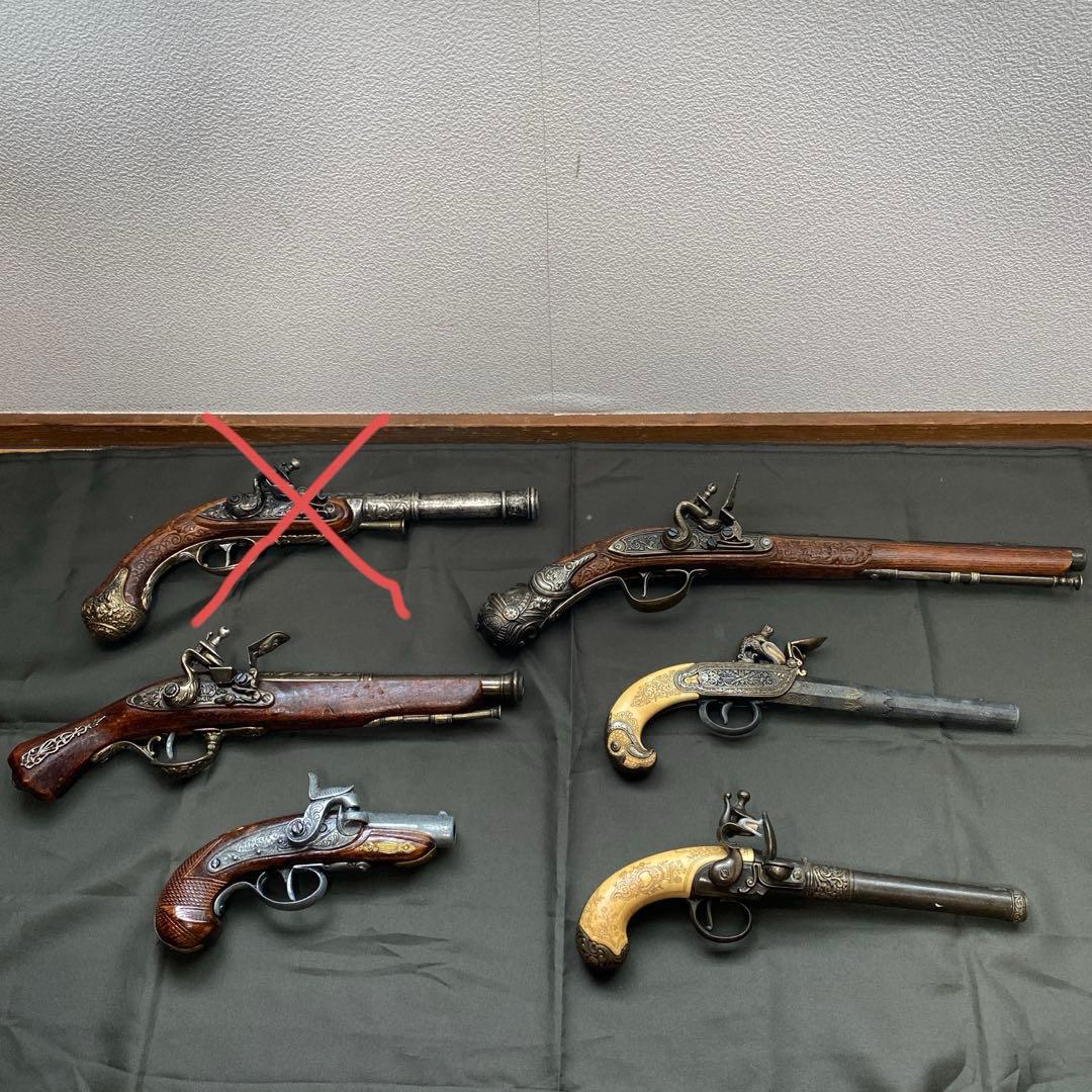 フリントロック　モデルガン　古式銃　海賊　ピストル　5丁セット　【ジャンク扱い】 ☆DENIX フリントロック パイレーツピストル ドクロストック ゴールド