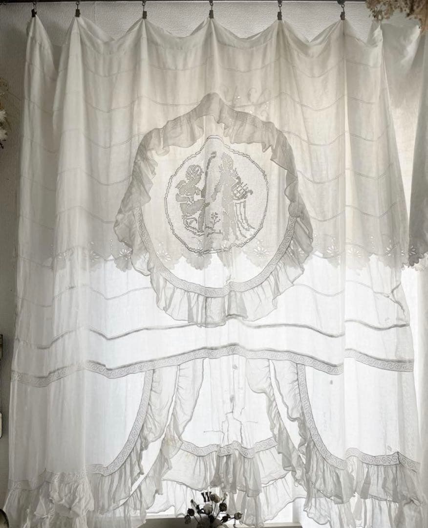 フランスアンティーク　カーテン　エンジェル　フリル　ノルマンディ　大判 天使 カーテンF)フランス アンティーク フィレレース カーテン 天使