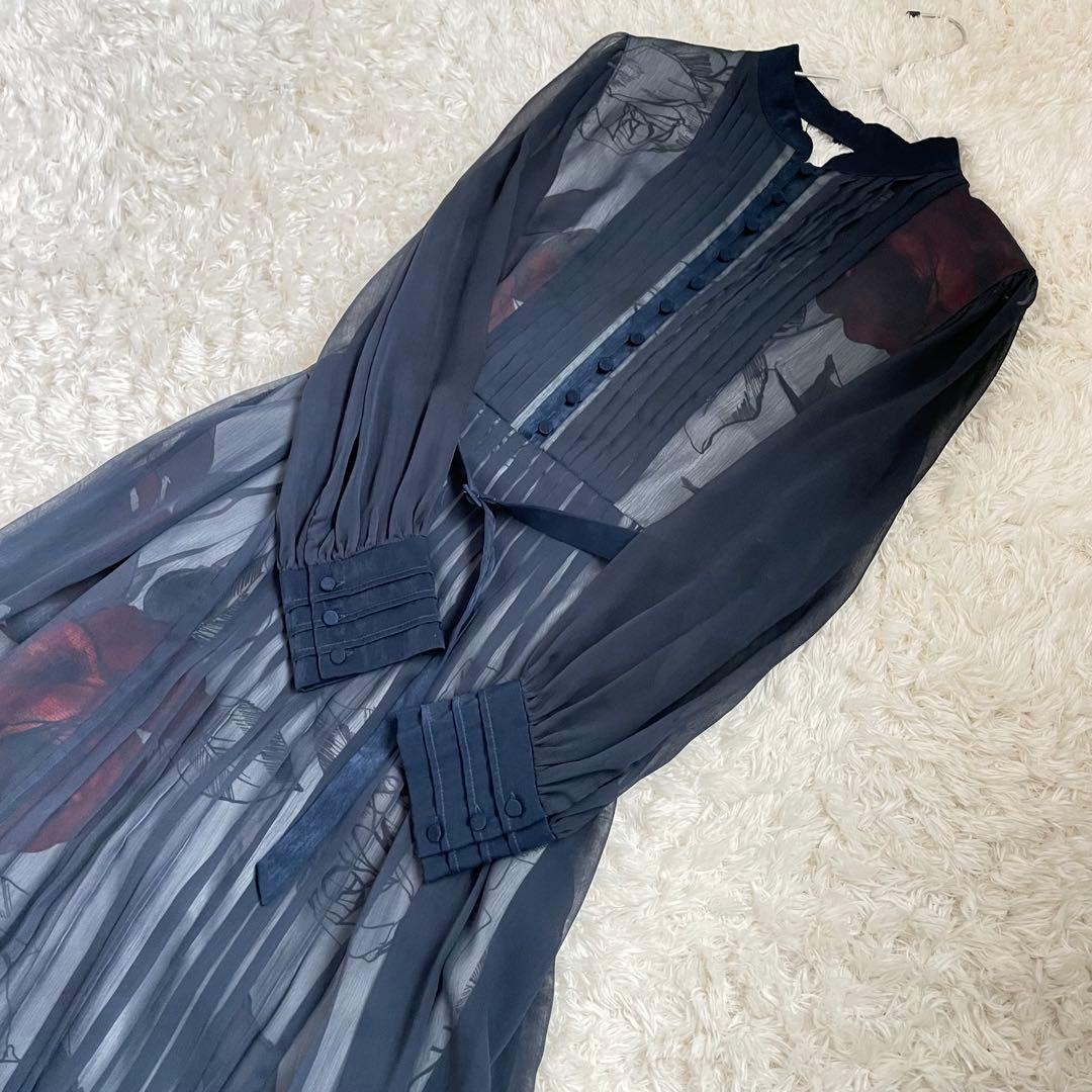 Ameri VINTAGE ELLA VEIL DRESSネイビーM 花柄ロング