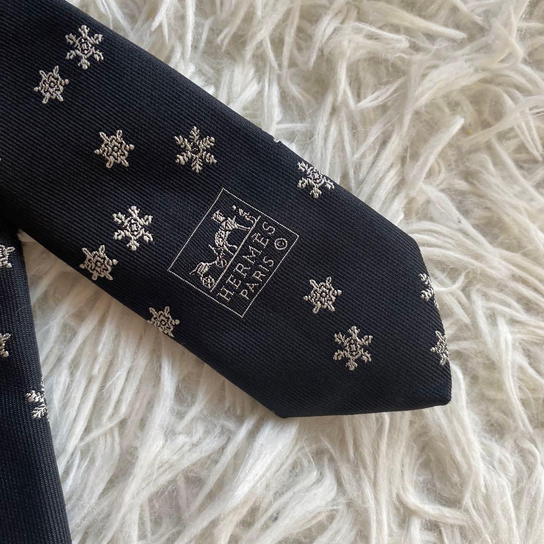 HERMES エルメス ジャガード スノー柄 雪の結晶 ネクタイ ブラック