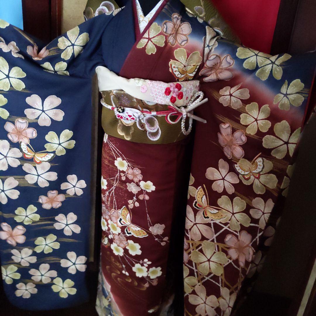 351華やぎ【桜蝶 紺色×ワイン色】【振袖6点フルセット】卒業謝恩会