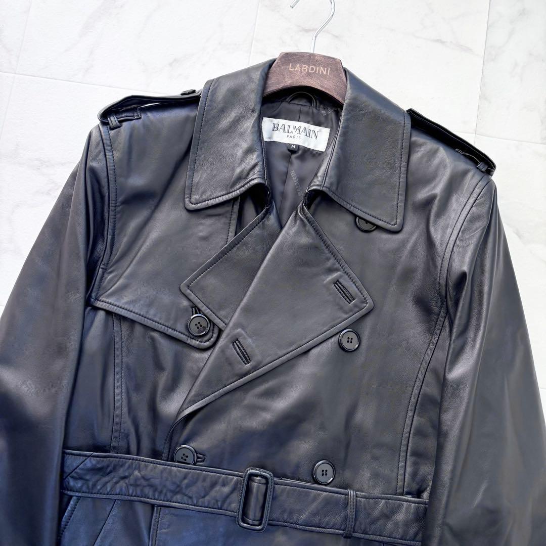 美品 バルマン レザーコート ロング丈 トレンチ ベルト ラムレザー 羊