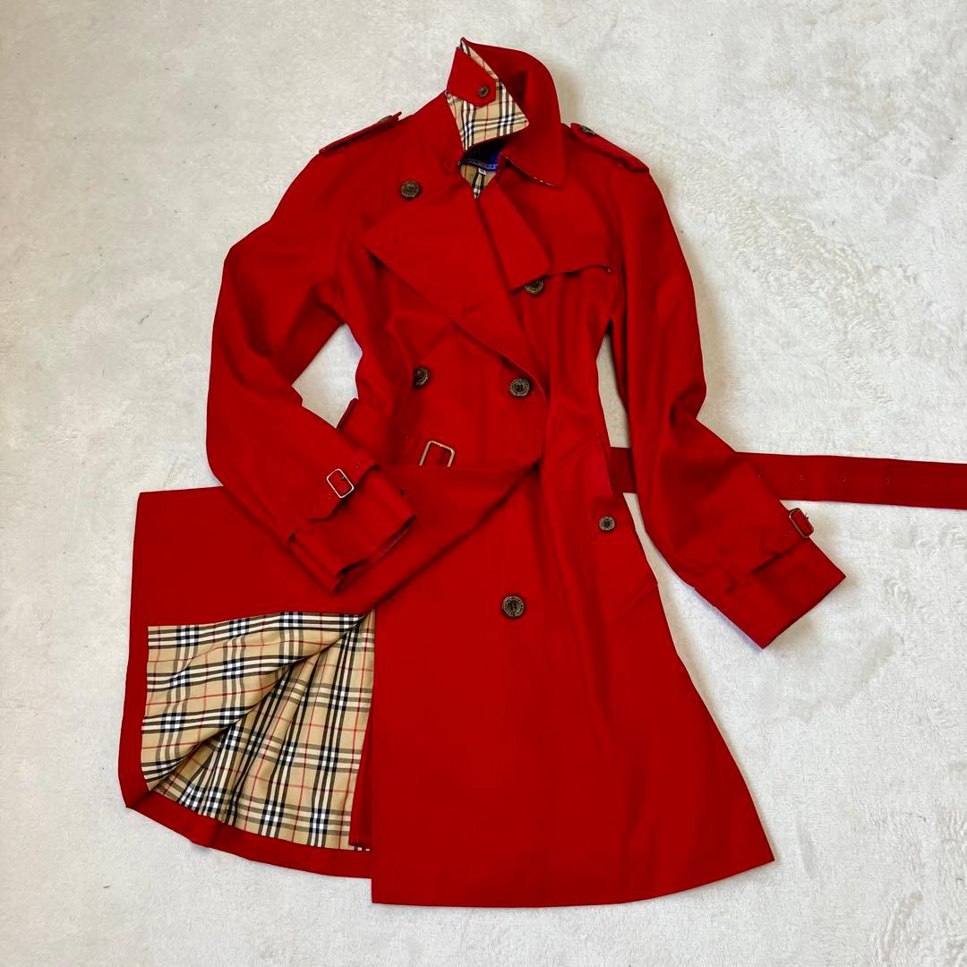 [美品]バーバリーブルーレーベル　トレンチコート　ベルト　裏ノバチェック　レッド バーバリーブルーレーベル トレンチコート ノバチェック 40 三陽商会