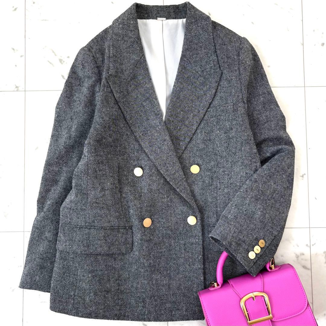 美品 ミラオーウェン 金釦ダブルブレストツイードブレザー テーラード