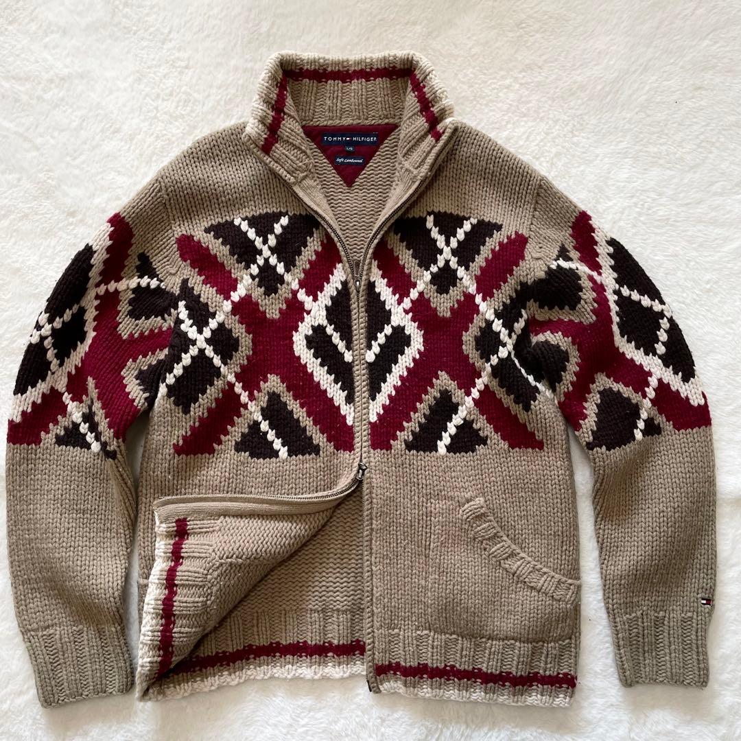 【希少】トミーヒルフィガー　ネイティブ柄　カウチン　ドライバーズニット　L 希少】トミーヒルフィガー ネイティブ柄 カウチン ドライバーズニット
