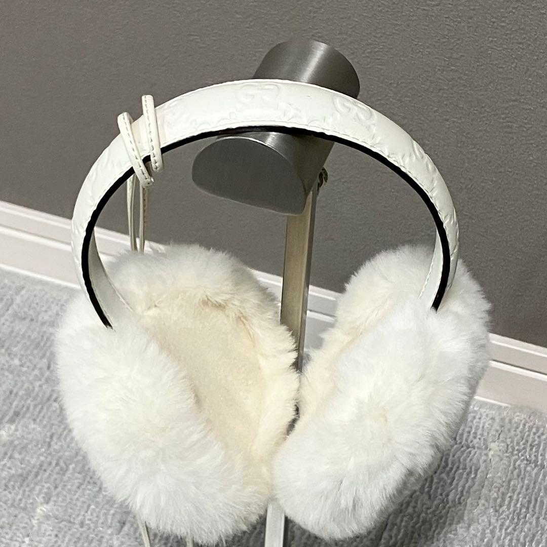 グッチ［イヤーマフ］シマ GG レザー ファー 紐付き モコモコ 耳あて