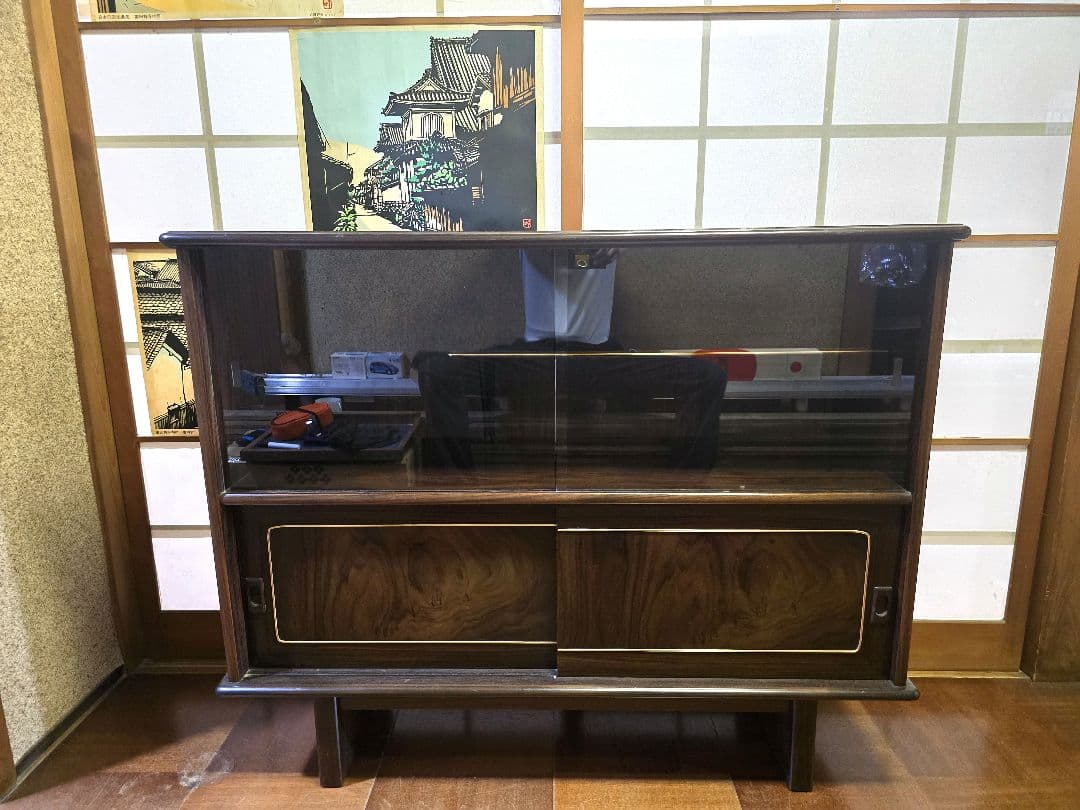 和風ダークブラウンキャビネット茶箪笥 飾り棚 サイドボード 和風キャビネット カップボード 鎌倉 幅90 ロータイプ 茶褐色 黒茶色