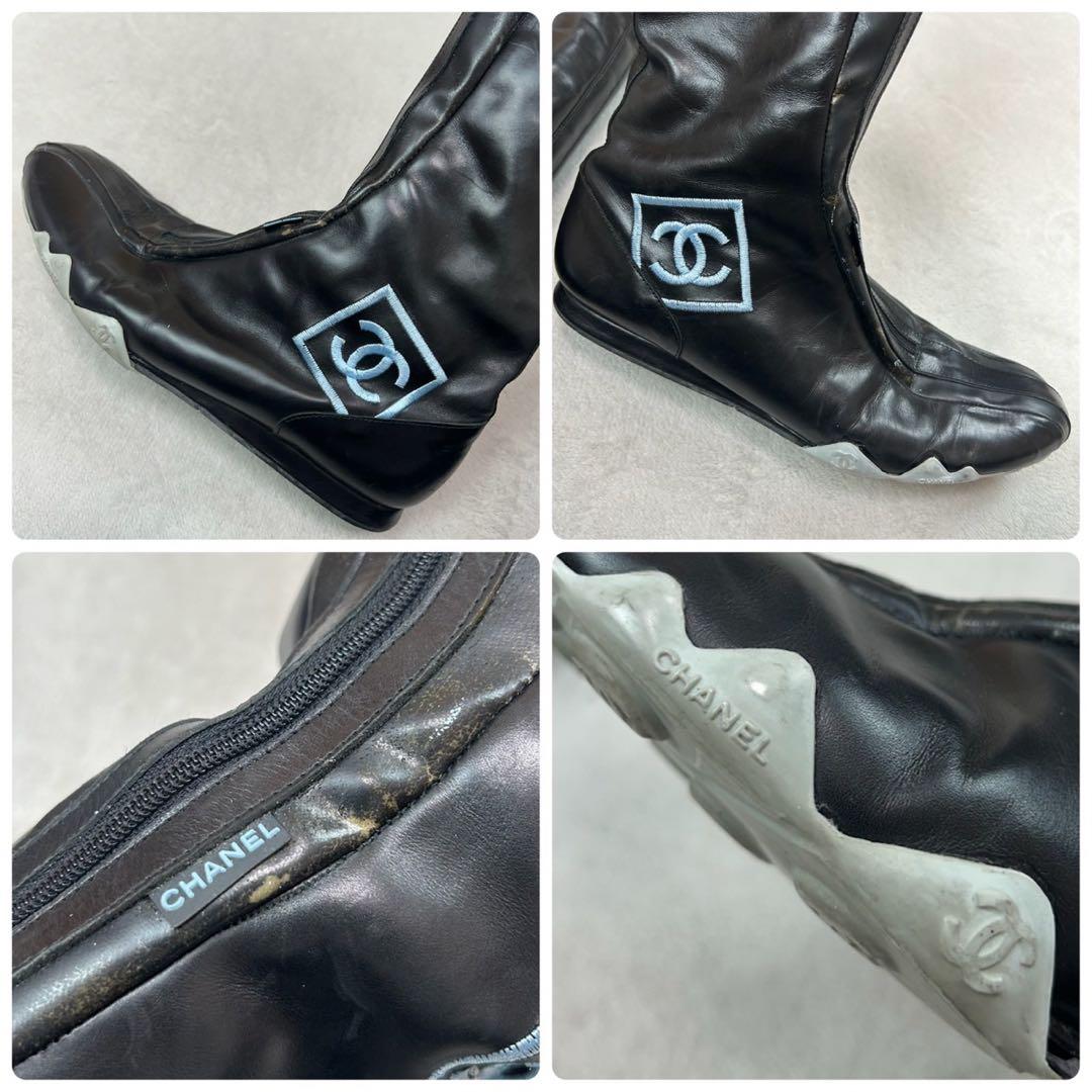 K634 25.0cm シャネル ココマーク 刺繍 ブーツ ブラック レディース