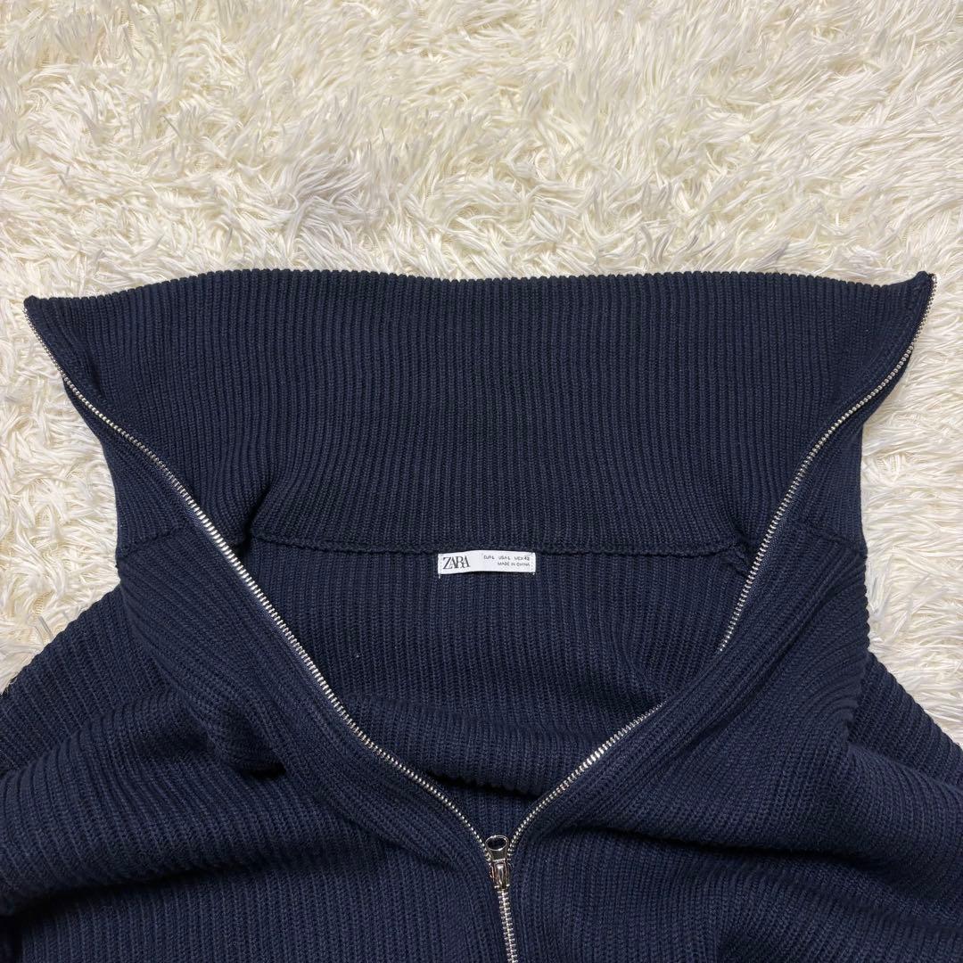 美品 ZARA ザラ ドライバーズニット ダブルジップ タートル ネイビー