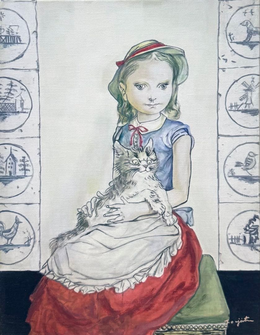 F6号) 藤田嗣治【猫を抱く少女】肉筆/油彩/表裏サイン有/シール有