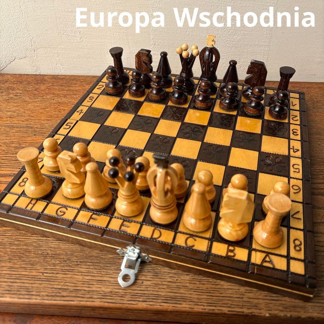 東欧 ポーランド 木製 折りたたみ チェス盤 駒 ウッドバーニング