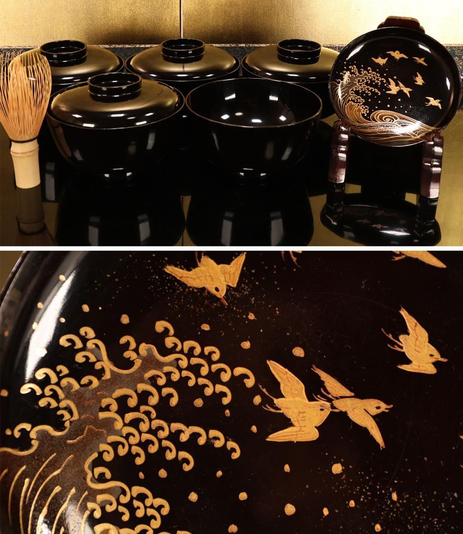 BK507 時代輪島塗 波千鳥金蒔絵 吸物椀 五客 木製 茶道具 懐石 菓子