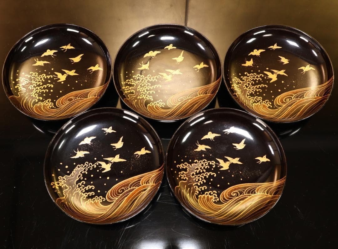 BK507 時代輪島塗 波千鳥金蒔絵 吸物椀 五客 木製 茶道具 懐石 菓子