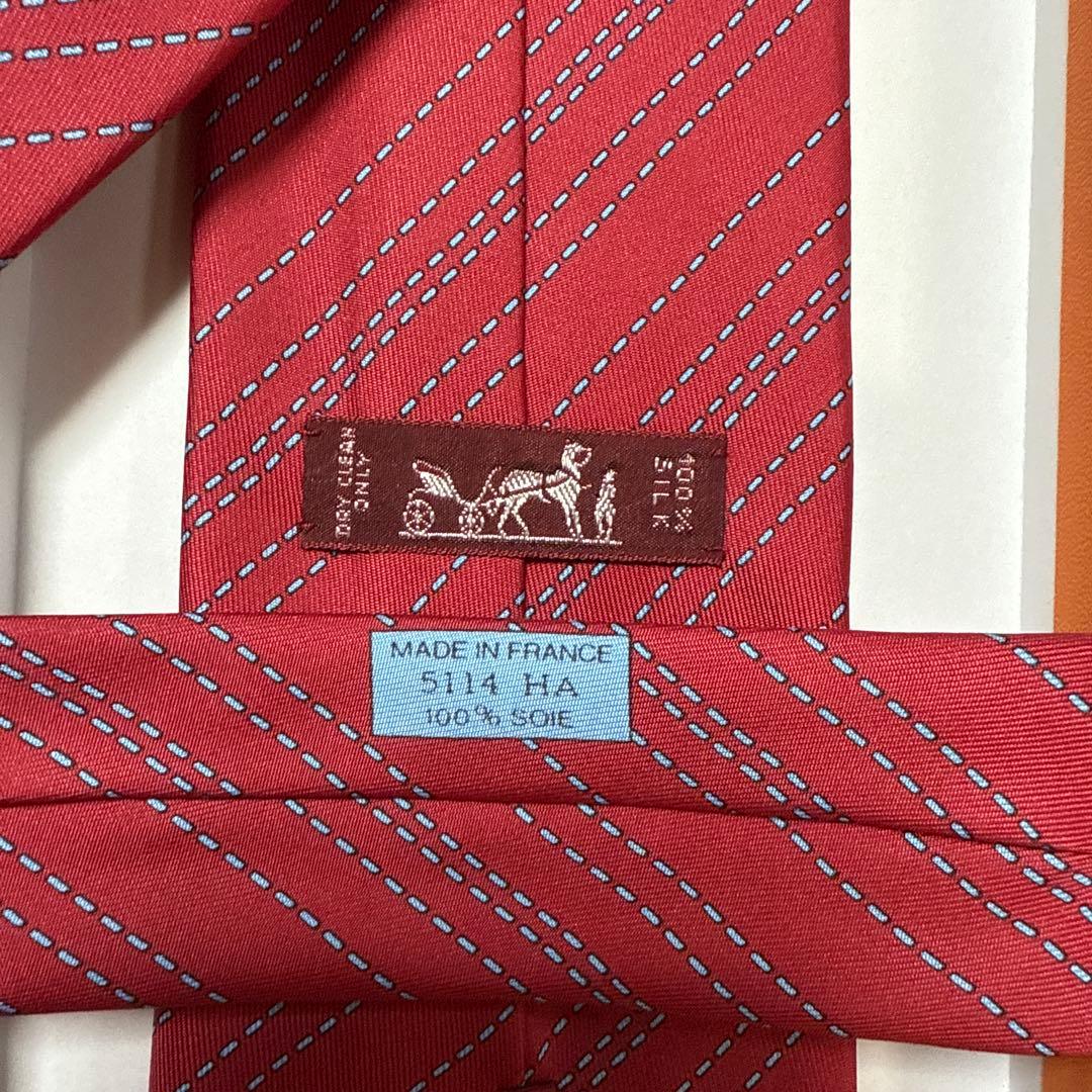 極美品 エルメス ネクタイ 赤 ストライプ シルク