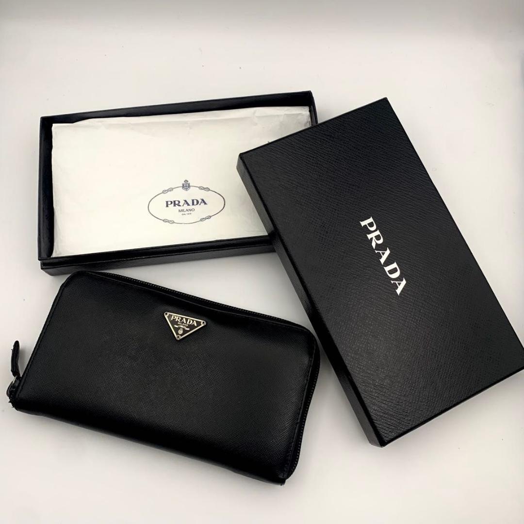 鑑定済み プラダ 長財布 ラウンドファスナー サフィアーノ 三角
