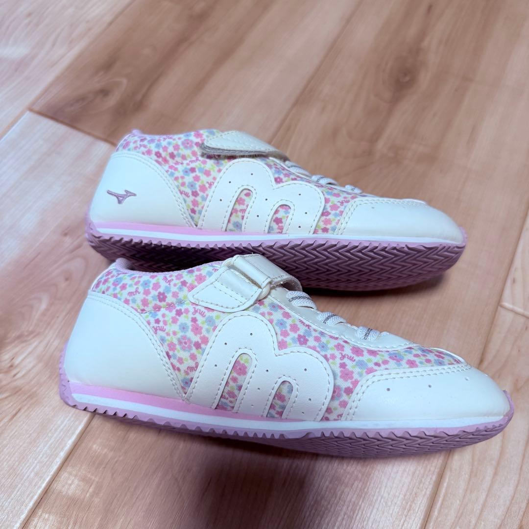 19.5cm Mizuno ミキハウス　コラボ　花柄スニーカー ホワイト/ピンク