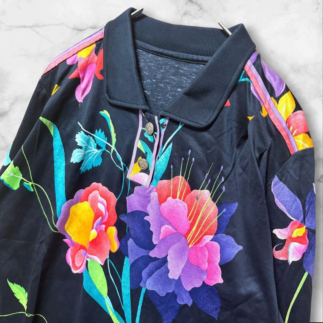 LEONARD✨レオナール 花柄ポロシャツ 長袖 ブラック 総柄 ボタン刻印 M