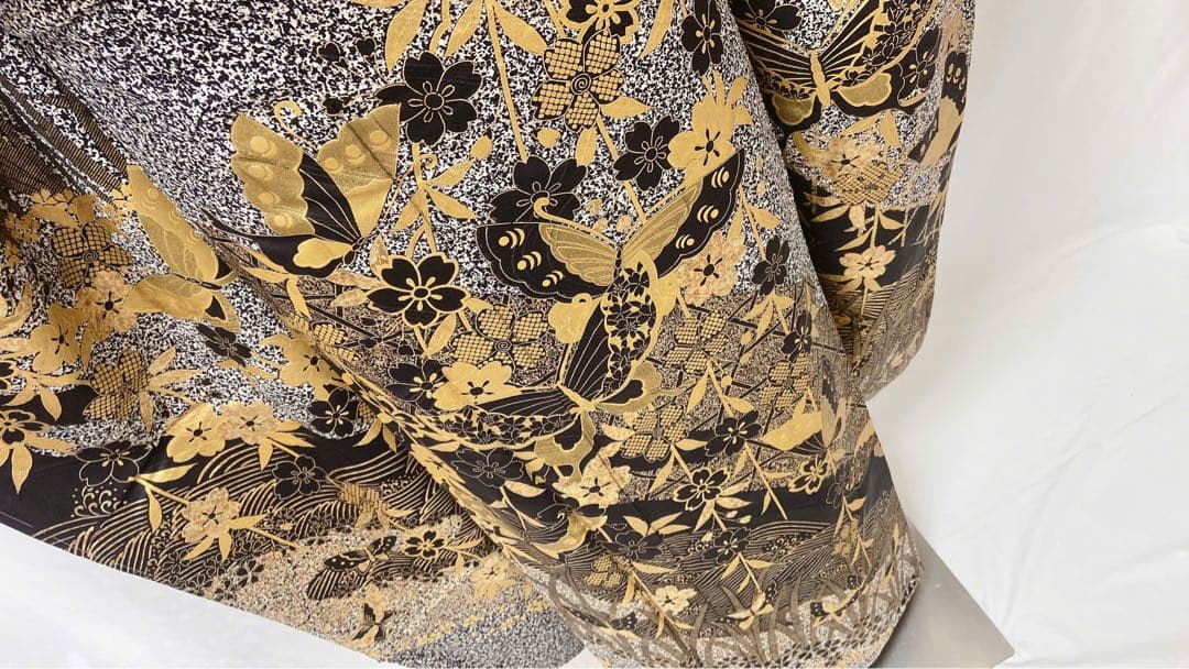 黒灰 金彩 金箔 蝶模様 逸品 振袖 フルセット 袖振袖7点セット 成人式