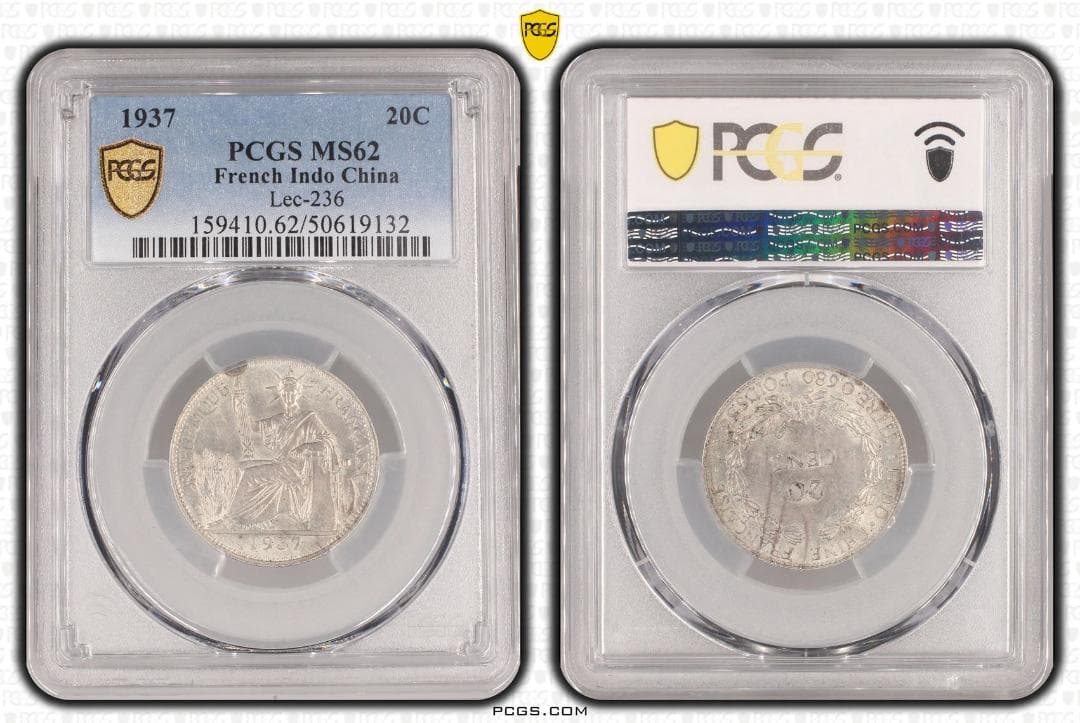 PCGS-MS62 フランス領インドシナ 1937 女神座像 1年タイプ 銀貨