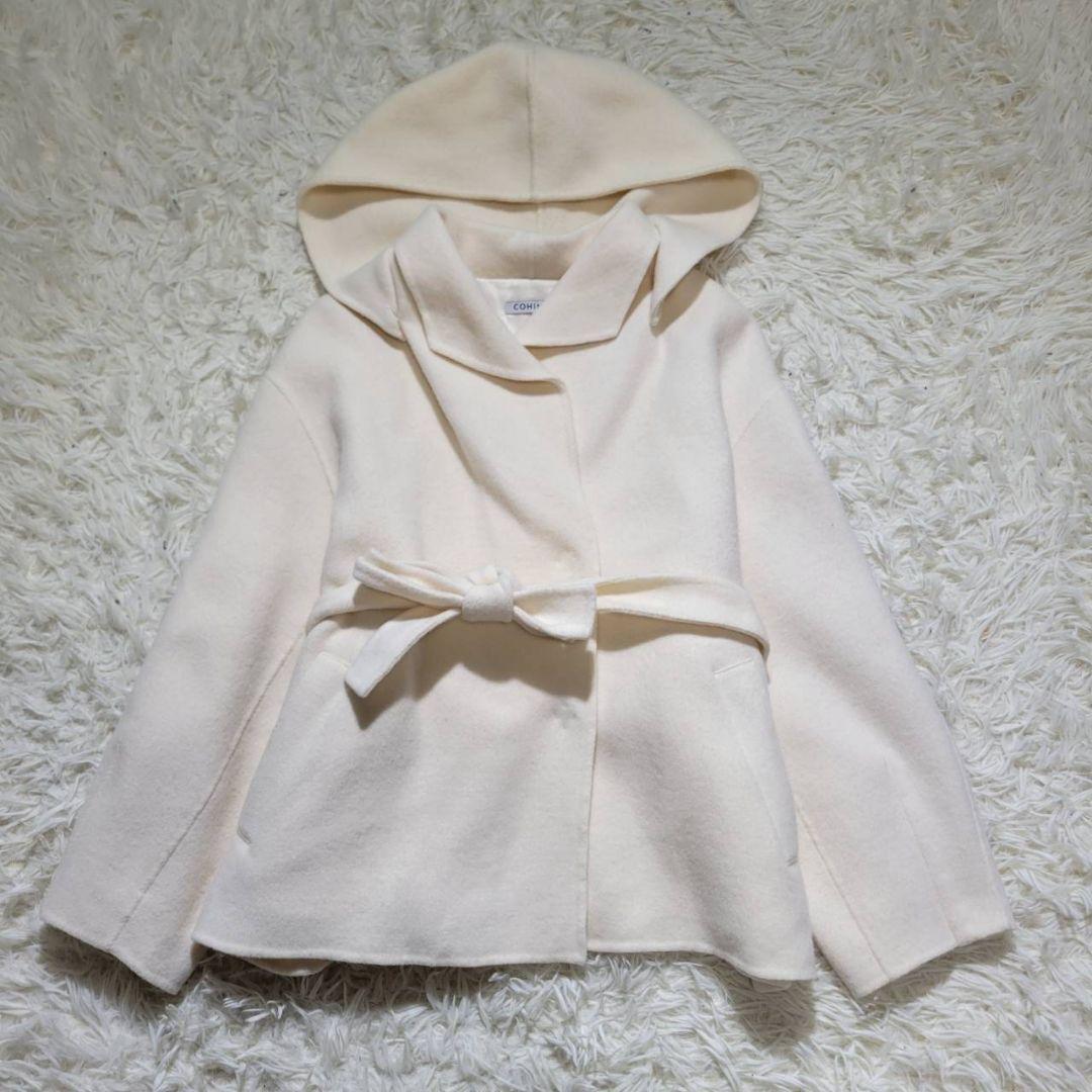 【美品】COHINAコヒナ　リバーコート　ライトウール　ミディ丈　ウエストリボン フーディーリバーロングコート | 小柄・低身長女性向けファッション
