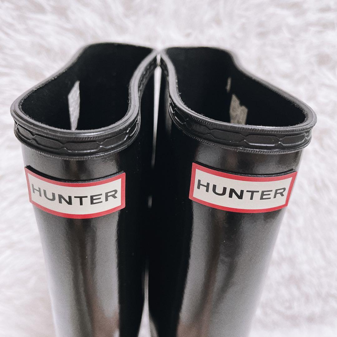 《美品》HUNTER レインブーツ トール グロス サイドベルト 24cm 黒